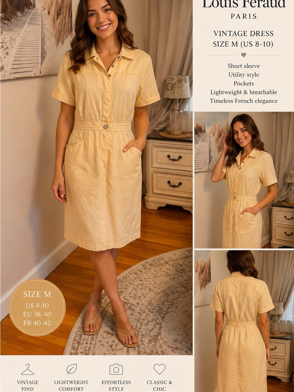Louis Feraud Pale Yellow Short-Sleeve Midi Safari Dress
